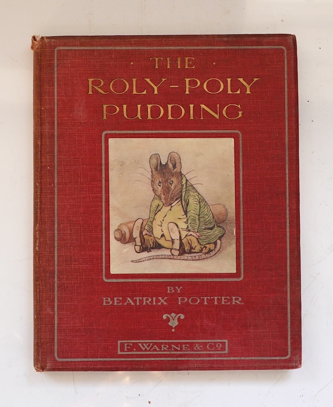 Potter, Beatrix - The Roly-Poly Pudding. 1st edition (?third printing). coloured pictorial title (printed in blue), frontis. and 17 full page coloured illus., num. text illus.; white ruled and lettered maroon cloth, gilt